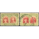 1910-13 5s crimson & yellow-green, fine M, another FU but thinned, SG.160a. (2) Cat. £500