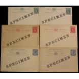 1891 postal stationery 1d blue postcard & 1d + 1d reply H & G 17/18 optd SPECIMEN, also KEVII