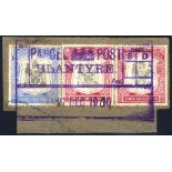 B.C.A 1897-1900 2/6d & 4s (2) together on a piece, tied by 'PARCEL POST/BLANTYRE/27 DEC 1910'