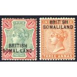 1903 1r green & aniline carmine, overprint variety 'SOMAL.LAND' M example (some perf faults at top),