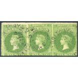 1860-69 second roulette, 1d bright yellow-green strip of three clearly showing roulettes, lightly