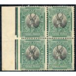 1926-27 ½d black & green, M block of four from the left of the sheet, variety imperforate between