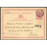 1896-1905 trio postal stationery 1d cards and cover with 1896 1d card to Paris with s/line LATE h/