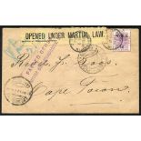 BOER WAR 1902 censored cover to Cape Town with a Free State 1d with the thick 'V' variety, cancelled