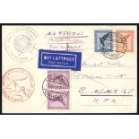 1929 Orient flight postcard to USA, franked 15pf (2), 20pf & 50pf Eagle Airs, tied Friedrichshafen