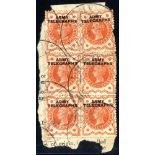 ARMY TELEGRAPHS 1899-1900 ½d vermilion block of six (some split perfs), tied to a piece by 'Army/