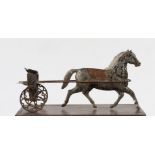 Painted Tin Horse Drawn Cart. 19th century. Heart shaped wheels . Wear to paint . L 15" Ht. 7". A
