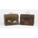 Two Toleware Boxes. 19th century. One on the right is signed . Original paint; wear to paint and
