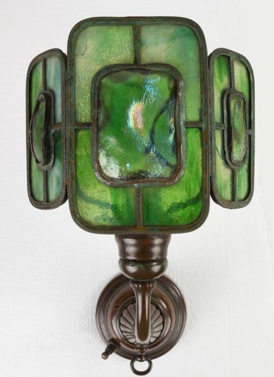 Pair of Tiffany Studios Bronze and Leaded Three Panel Turtleback Sconces. Pair of Tiffany Studios - Image 2 of 3