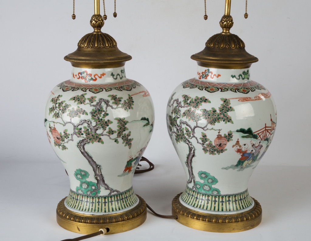 Pair of Chinese Painted Porcelain Vases. Double circle mark. Gilt bronze mounts . Converted to lamps - Image 3 of 3