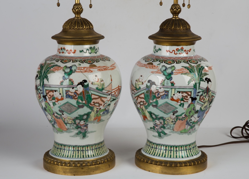 Pair of Chinese Painted Porcelain Vases. Double circle mark. Gilt bronze mounts . Converted to lamps - Image 2 of 3