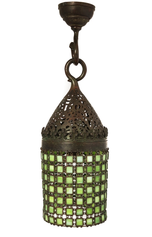 Tiffany Studios Early Moorish Chain Mail Hall Lantern. Reticulated and incised design . Greenish