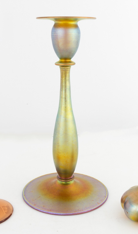 Steuben Gold Aurene Candlestick. Signed, #6270 . Excellent, no chips or cracks . Ht. 10 1/2". Online