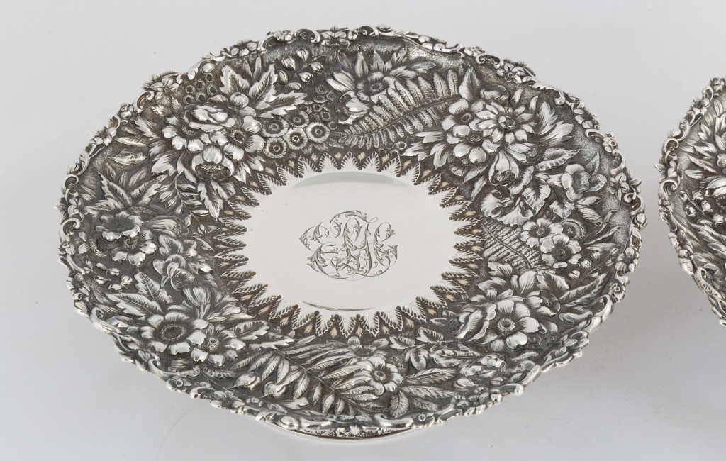Pair of Tiffany & Co. Makers Sterling Silver Heavy Repousse Fern and Flower Tazzas. Signed and - Image 2 of 3
