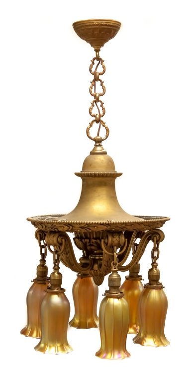 Gilt Bronze Chandelier with Quezal Shades. c. 1900. Six shades, signed; Ht. 7 1/2" Dia. 4 3/4" - Image 2 of 6