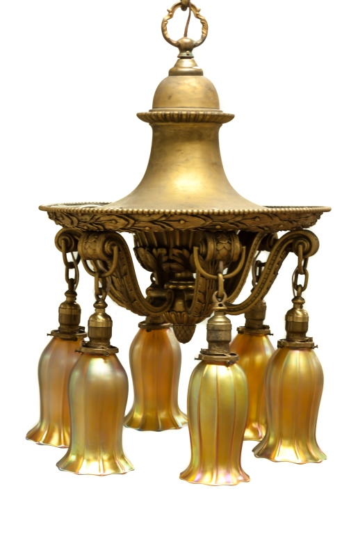 Gilt Bronze Chandelier with Quezal Shades. c. 1900. Six shades, signed; Ht. 7 1/2" Dia. 4 3/4" - Image 4 of 6