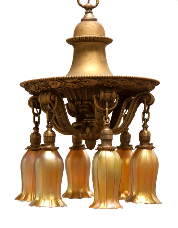 Gilt Bronze Chandelier with Quezal Shades. c. 1900. Six shades, signed; Ht. 7 1/2" Dia. 4 3/4"