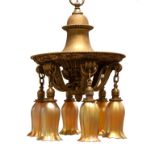 Gilt Bronze Chandelier with Quezal Shades. c. 1900. Six shades, signed; Ht. 7 1/2" Dia. 4 3/4"