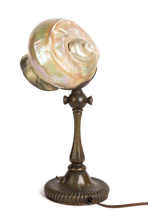 Tiffany Studios Nautilus Shell Desk Lamp. Early 20th century. Adjustable bronze ribbed base, - Image 2 of 3