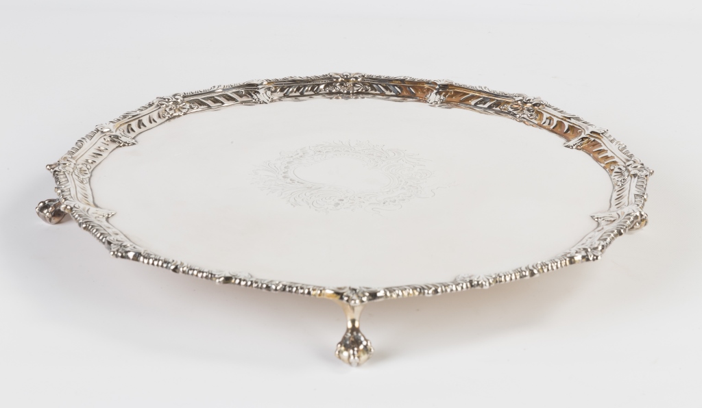 Sterling Silver Salver with Gadrooned Border and Claw and Ball Feet. 39 ozt . Dia. 14" Ht. 1 3/4". A