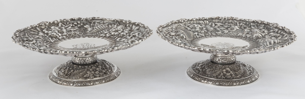 Pair of Tiffany & Co. Makers Sterling Silver Heavy Repousse Fern and Flower Tazzas. Signed and