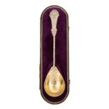 Coin Silver Ladle with Medallion. Hand chased and gold washed. Monogrammed. 2.2 ozt . Original