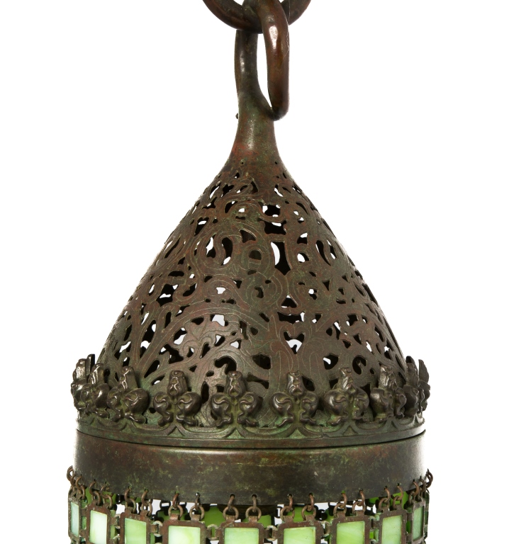 Tiffany Studios Early Moorish Chain Mail Hall Lantern. Reticulated and incised design . Greenish - Image 2 of 2