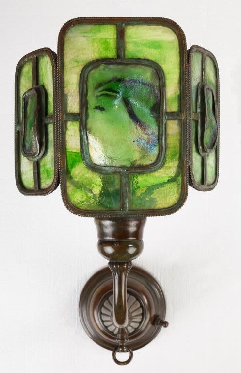 Pair of Tiffany Studios Bronze and Leaded Three Panel Turtleback Sconces. Pair of Tiffany Studios - Image 3 of 3