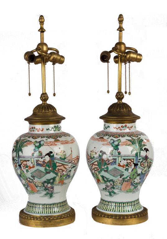 Pair of Chinese Painted Porcelain Vases. Double circle mark. Gilt bronze mounts . Converted to lamps