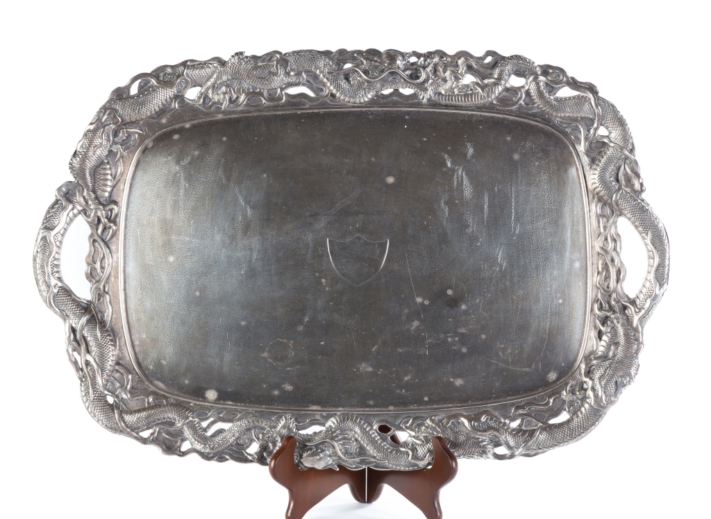 Japanese Sterling Silver Tray. Meiji Period. Signed. With relief dragon and pierced border . Some