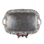 Japanese Sterling Silver Tray. Meiji Period. Signed. With relief dragon and pierced border . Some