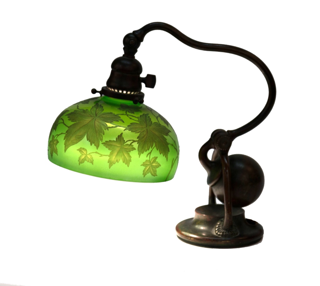 Tiffany Studios NY Counter Balance Lamp with Intaglio Carved Shade. Engraved green iridescent shade,