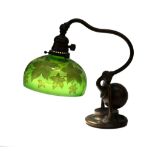 Tiffany Studios NY Counter Balance Lamp with Intaglio Carved Shade. Engraved green iridescent shade,