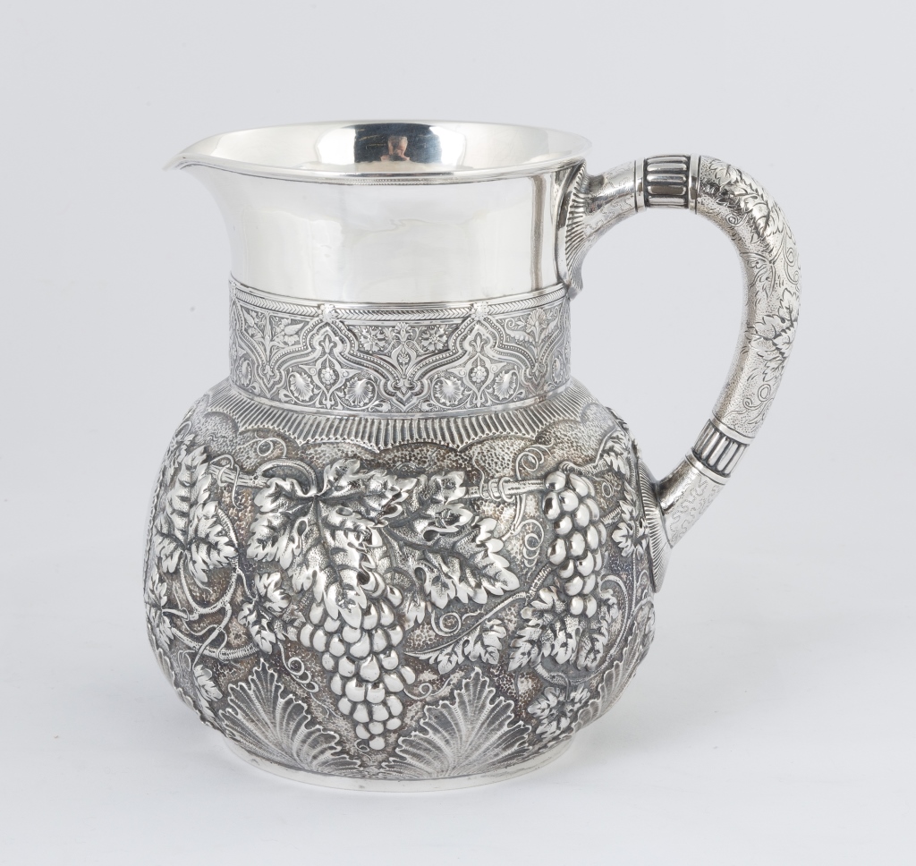 Tiffany & Co. Makers Sterling Silver Repousse Water Pitcher with Moorish Design. 3077, 1972, M.
