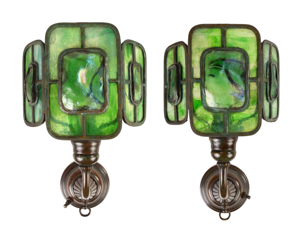 Pair of Tiffany Studios Bronze and Leaded Three Panel Turtleback Sconces. Pair of Tiffany Studios