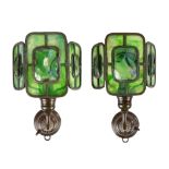 Pair of Tiffany Studios Bronze and Leaded Three Panel Turtleback Sconces. Pair of Tiffany Studios