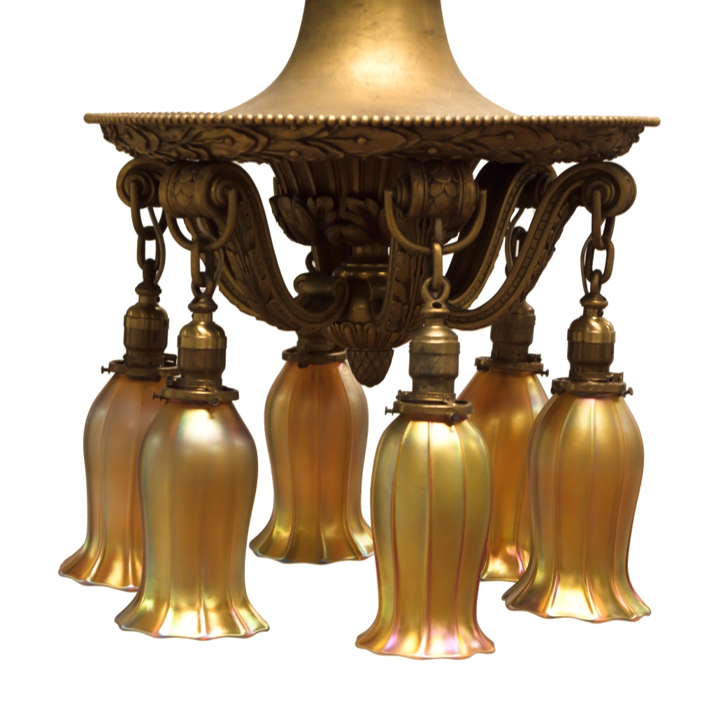 Gilt Bronze Chandelier with Quezal Shades. c. 1900. Six shades, signed; Ht. 7 1/2" Dia. 4 3/4" - Image 3 of 6