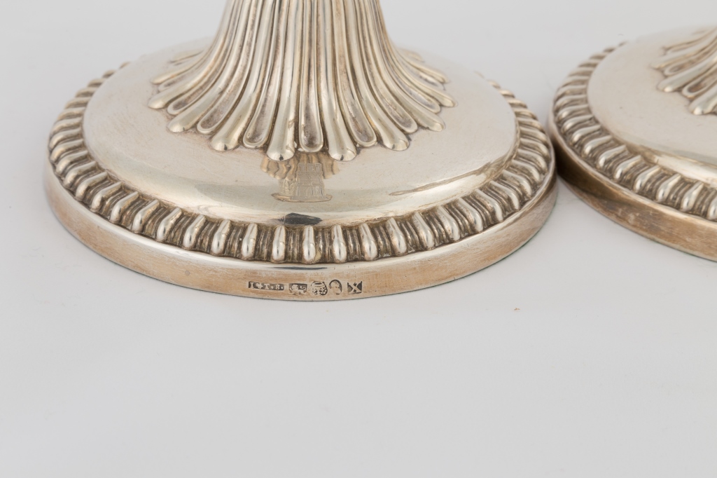 Pair of John and Thomas Settle Sterling Silver Candlesticks. Monogrammed. Weighted . Ht. 11 1/2". - Image 2 of 2