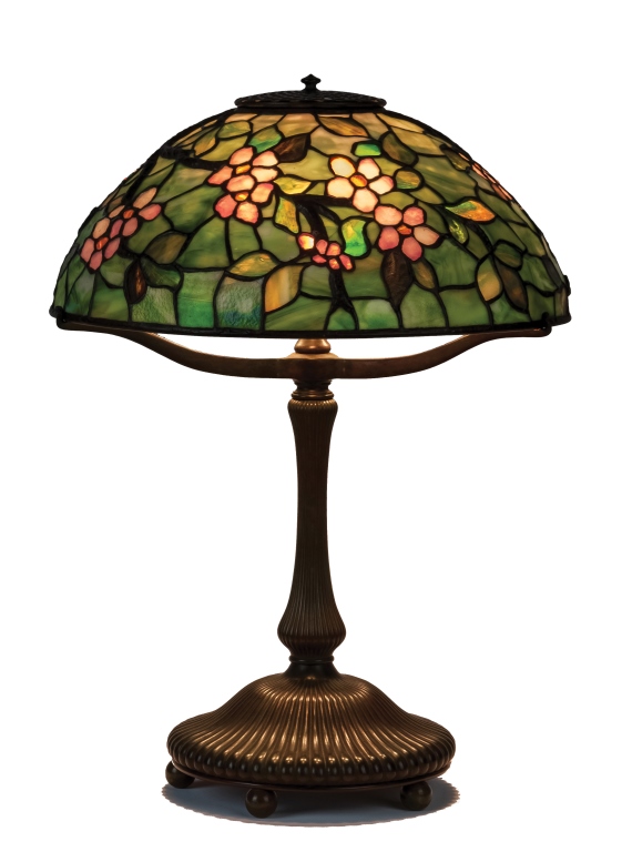 Tiffany Studios New York Apple Blossom Leaded Glass and Bronze Table Lamp. The shade, with rare,