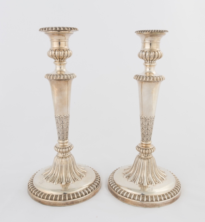 Pair of John and Thomas Settle Sterling Silver Candlesticks. Monogrammed. Weighted . Ht. 11 1/2".