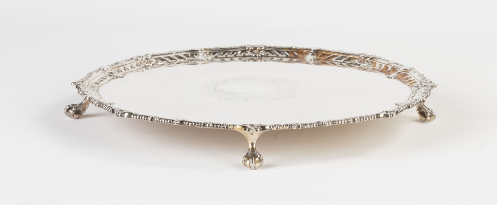 Sterling Silver Salver with Gadrooned Border and Claw and Ball Feet. 39 ozt . Dia. 14" Ht. 1 3/4". A - Image 2 of 3