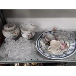 A cut glass dressing table set together with other china.
