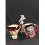 Two Royal Doulton character jugs with a china lamp base.