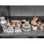 Mixed china to include three Sylvac Rabbits, Beswick cat, Green Wedgwood pot etc.