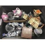 A large box of china, glass and other table ware.