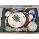 A box of china, including Spode and Wedgwood.