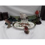 Various items to include a glass table centrepiece, a Poole pottery dolphin, bird ornaments and