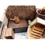 A box of wooden items to include boxes, an inlaid cigarette box, letter holder etc.