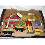 HORNBY 0 Gauge 2 x Trays containing 3 x No 1 Goods Wagons - a Meat Container - No 1 Water Tower, 2