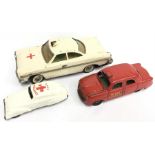 Three tinplate emergency vehicles, includes Triang Minic Fire Chief Car, friction drive, length 17.